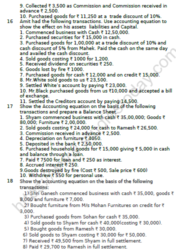 CBSE Class 11 Accountancy Accounting Equation Worksheet Set A
